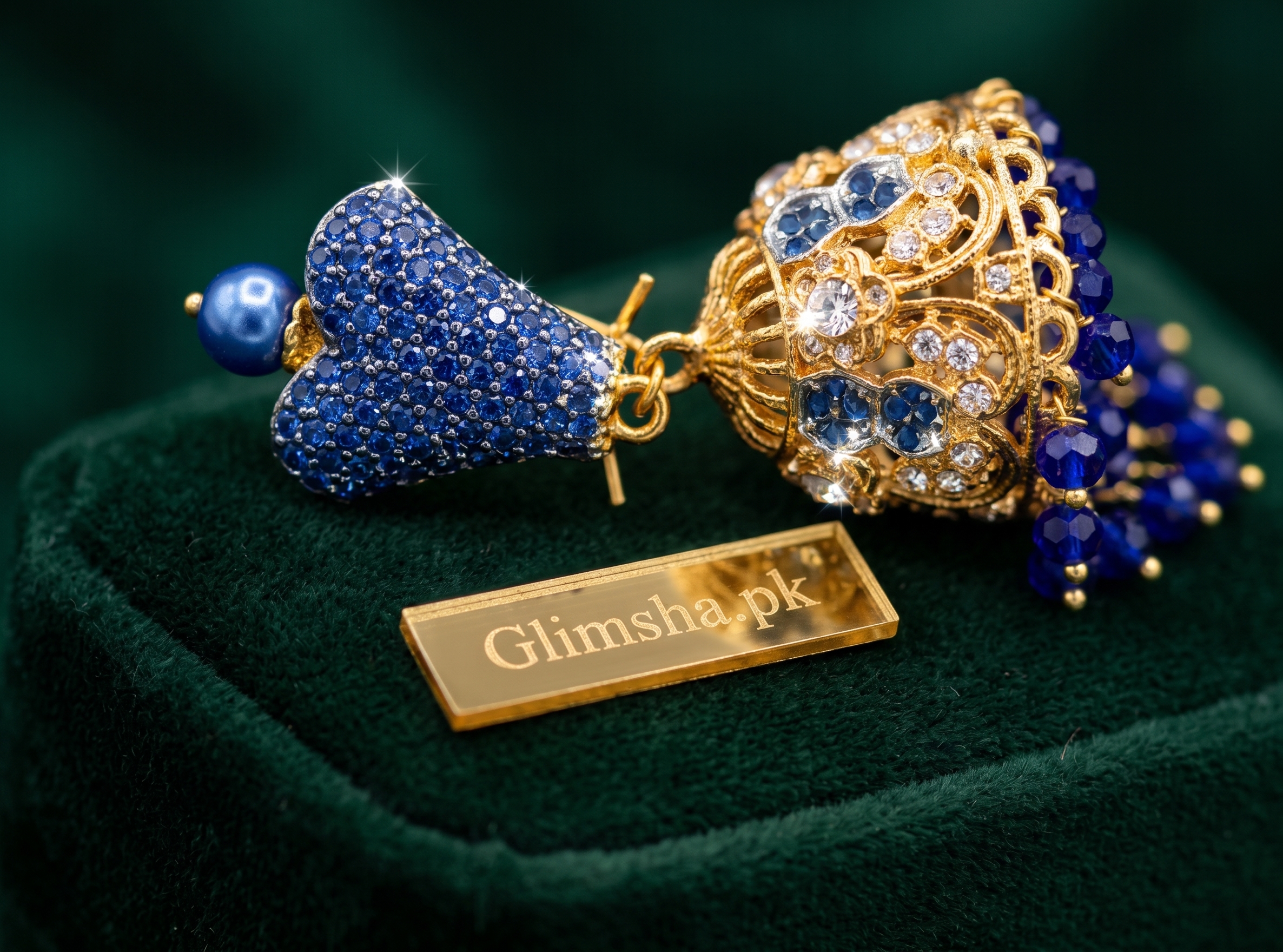 Traditional Royal Blue & Gold Jhumka Earrings | Glimsha.pk