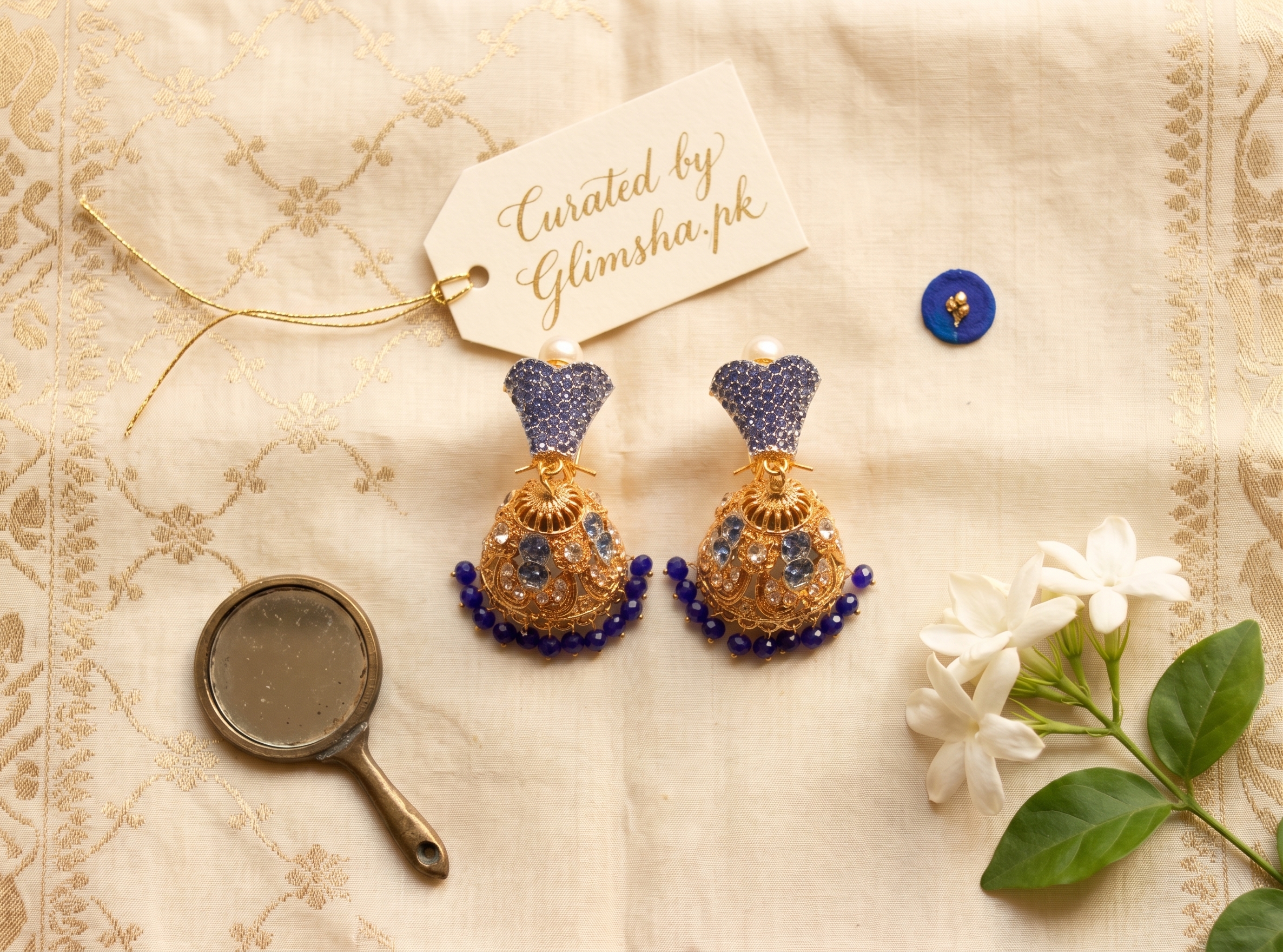 Traditional Royal Blue & Gold Jhumka Earrings | Glimsha.pk