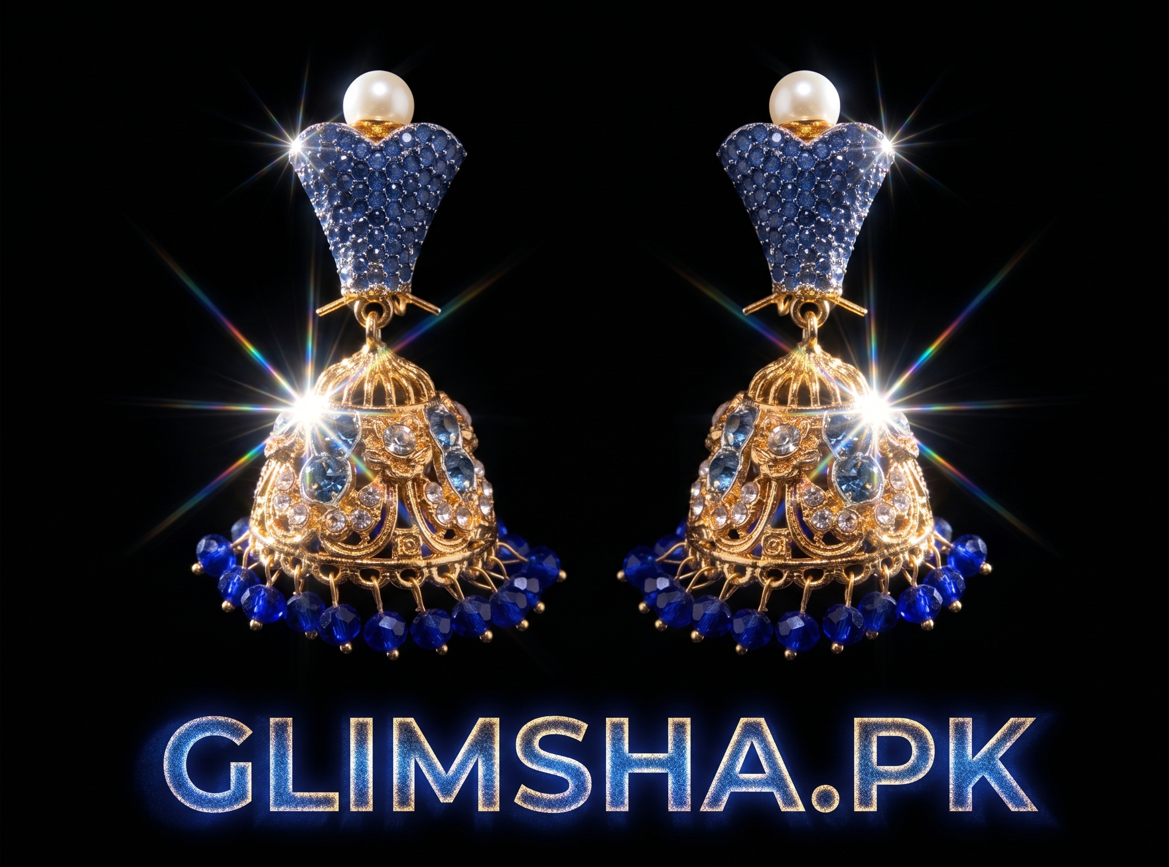 Traditional Royal Blue & Gold Jhumka Earrings | Glimsha.pk