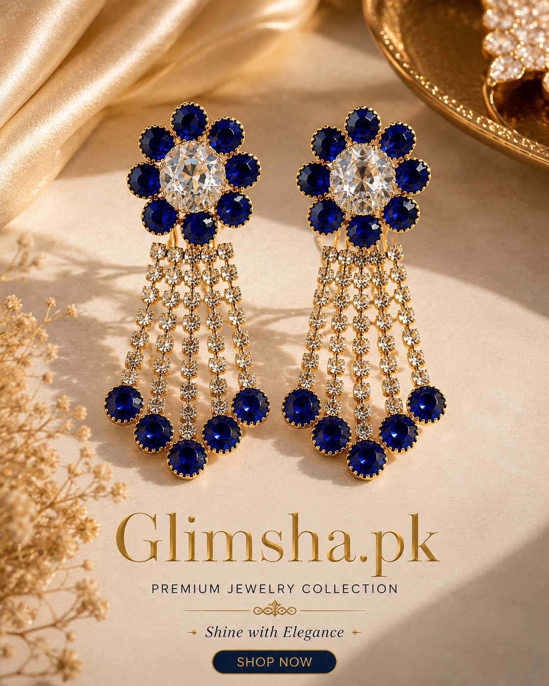 Royal Blue Crystal Chandelier Earrings for Women – Luxury Party & Bridal Jewelry | Glimsha.pk