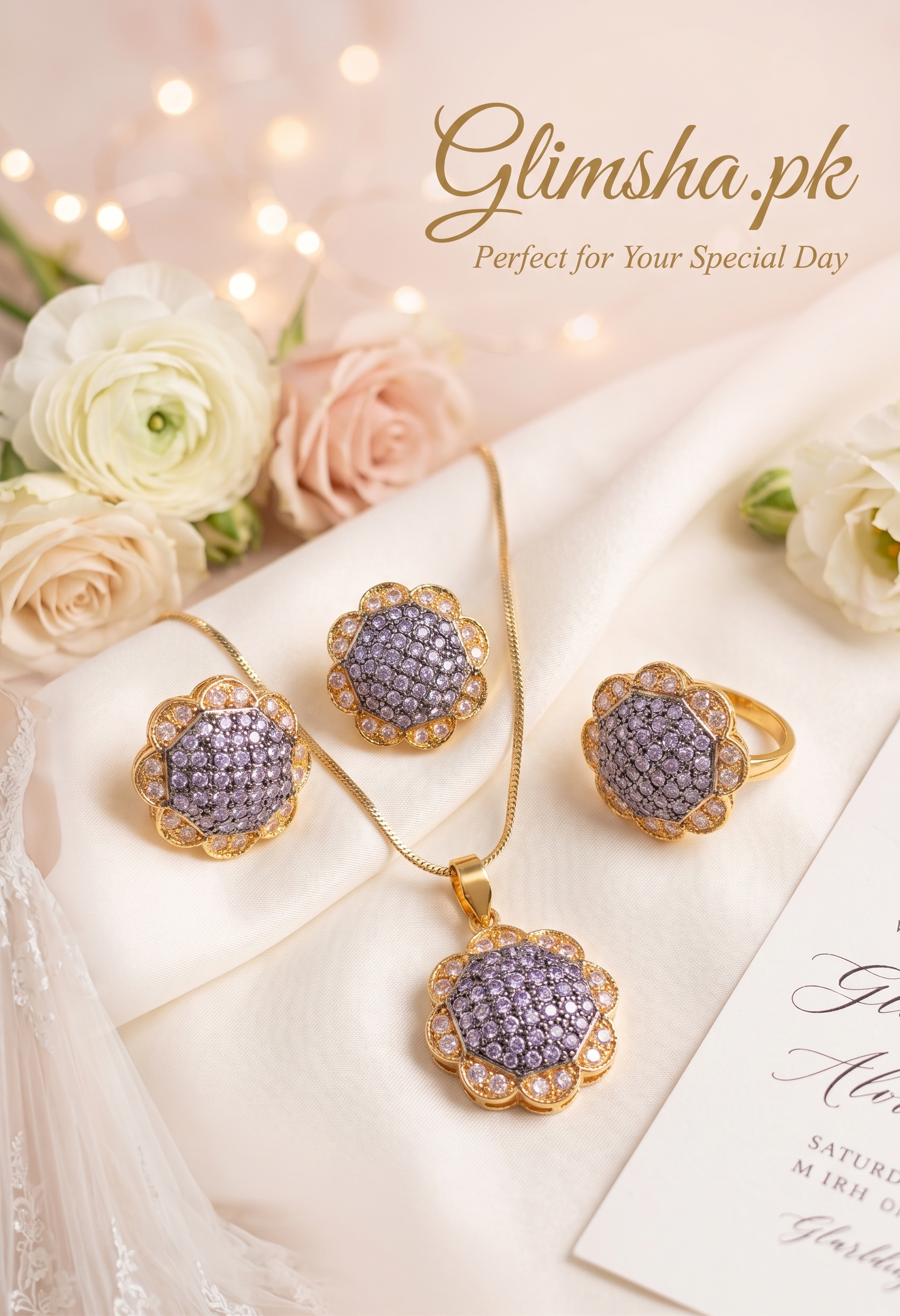 Luxury Gold Floral Jewelry Set with Zircon Stones – Necklace, Earrings & Ring | Glimsha.pk