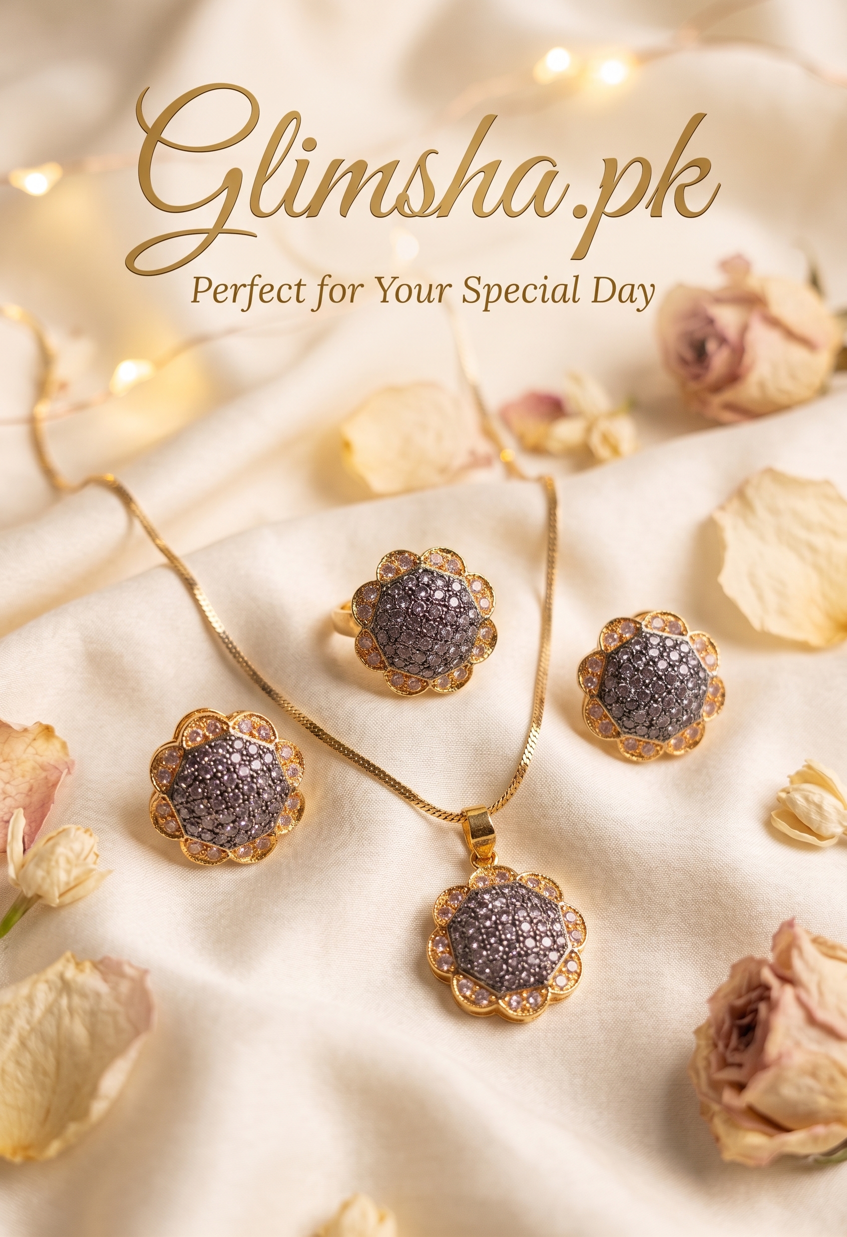 Luxury Gold Floral Jewelry Set with Zircon Stones – Necklace, Earrings & Ring | Glimsha.pk