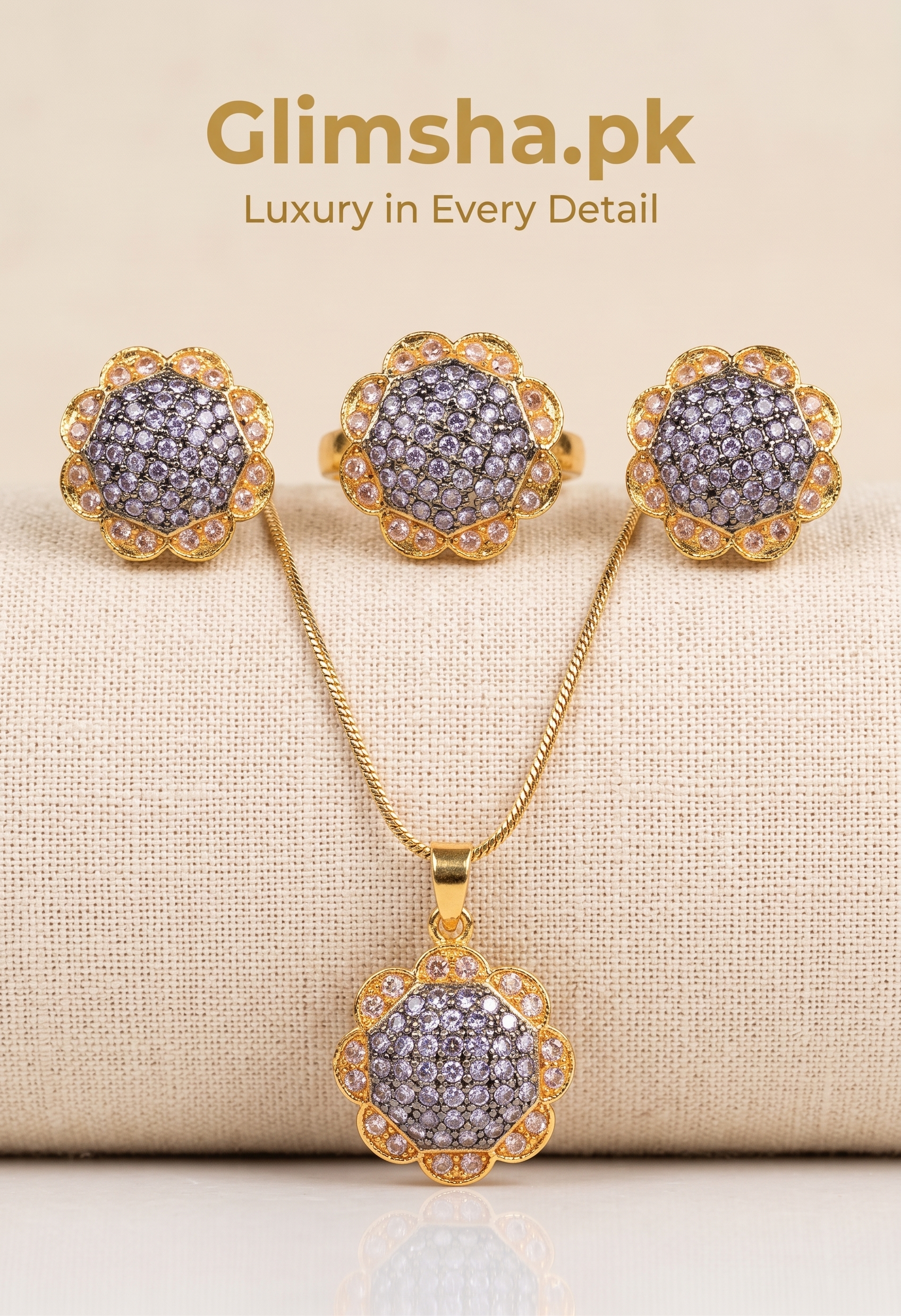 Luxury Gold Floral Jewelry Set with Zircon Stones – Necklace, Earrings & Ring | Glimsha.pk
