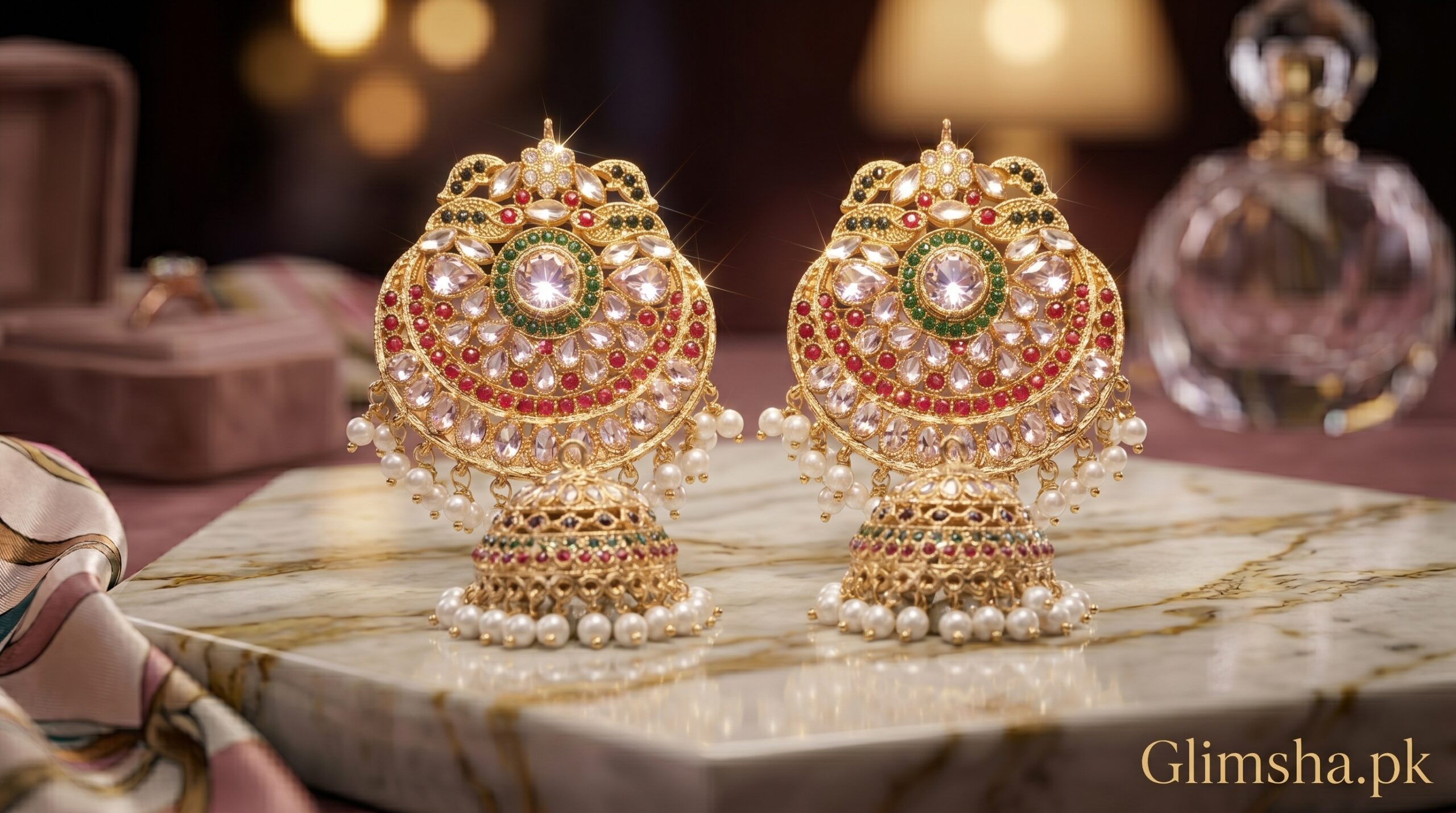 Golden Pearl Jhumka Earrings for Women – Traditional Bridal Jewelry | Glimsha.pk