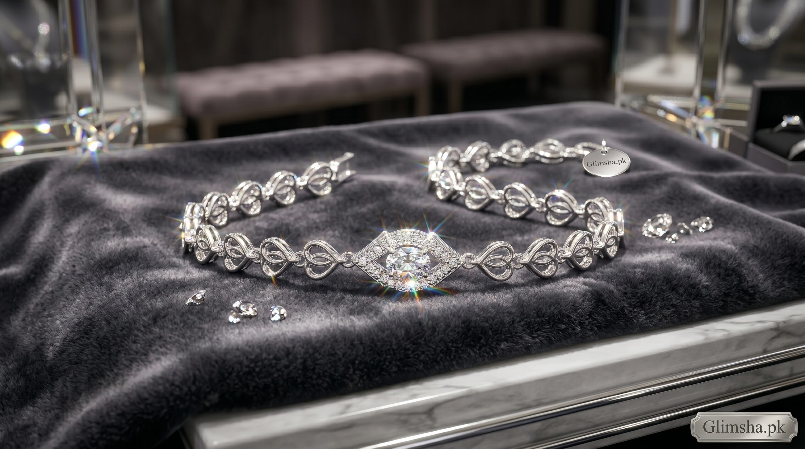 Elegant Silver Heart Bracelet for Women – Stylish Crystal Bracelet | Glimsha.pk