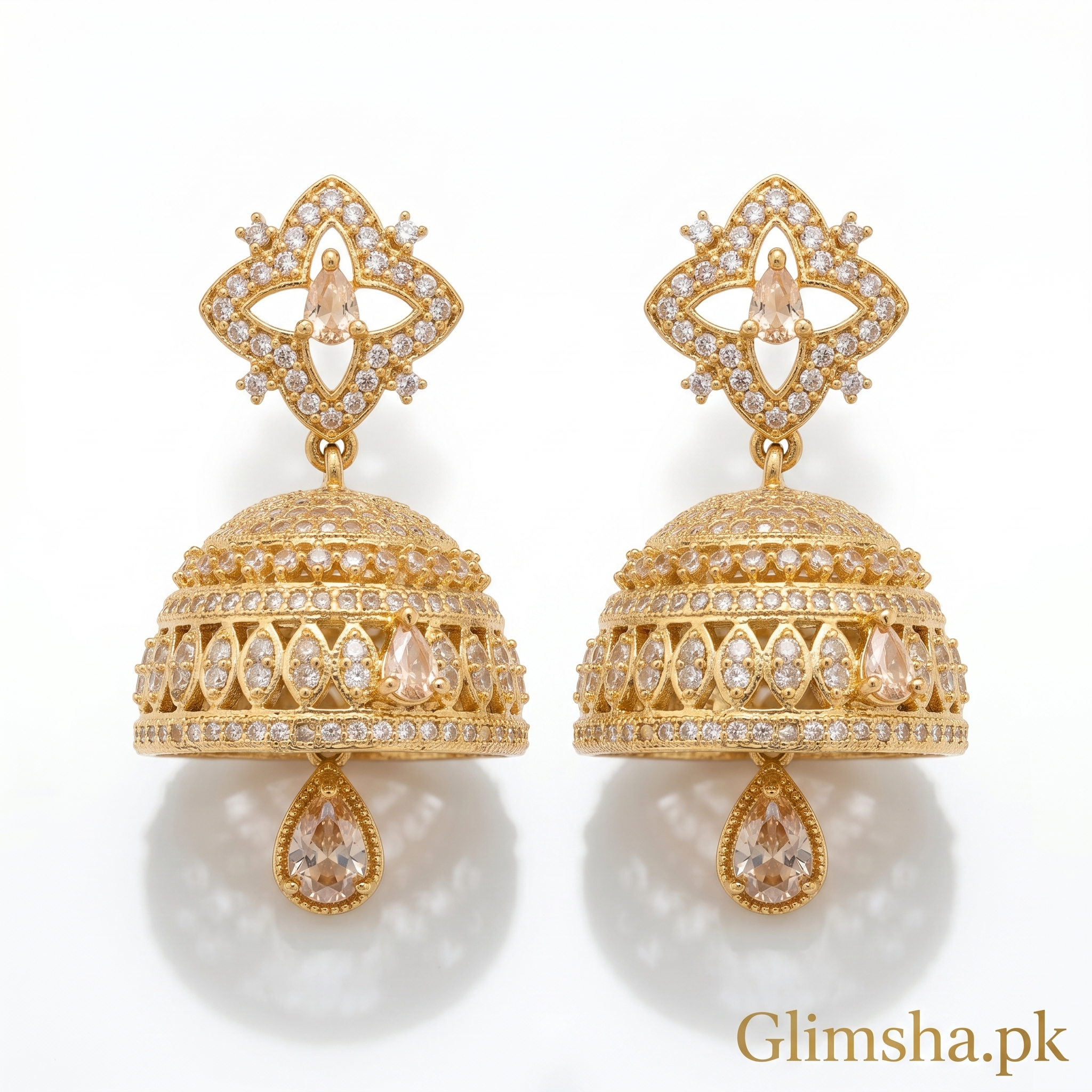 Elegant Gold-Plated Stone Studded Jhumka Earrings for Women – Traditional Bridal Jewelry | Glimsha.pk