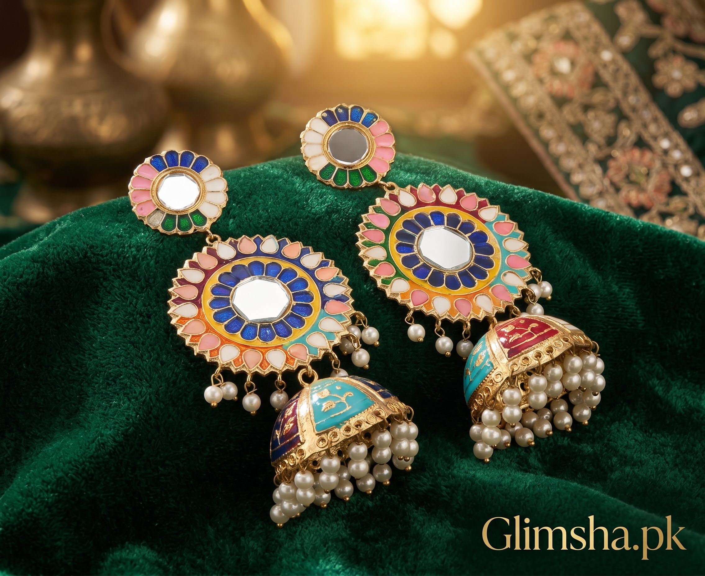Colorful Mirror Jhumka Earrings for Women – Traditional Pearl Earrings | Glimsha.pk