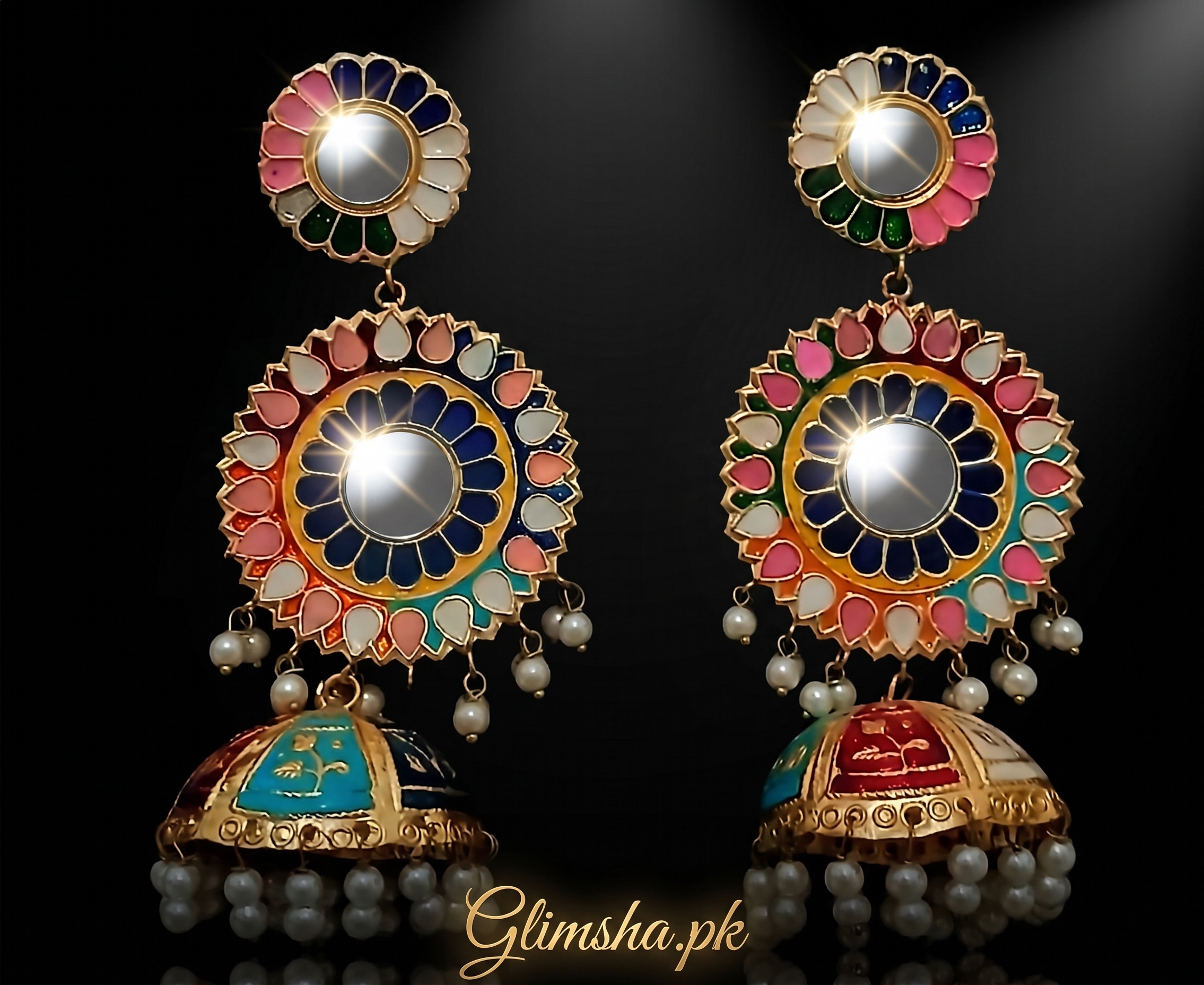 Colorful Mirror Jhumka Earrings for Women – Traditional Pearl Earrings | Glimsha.pk