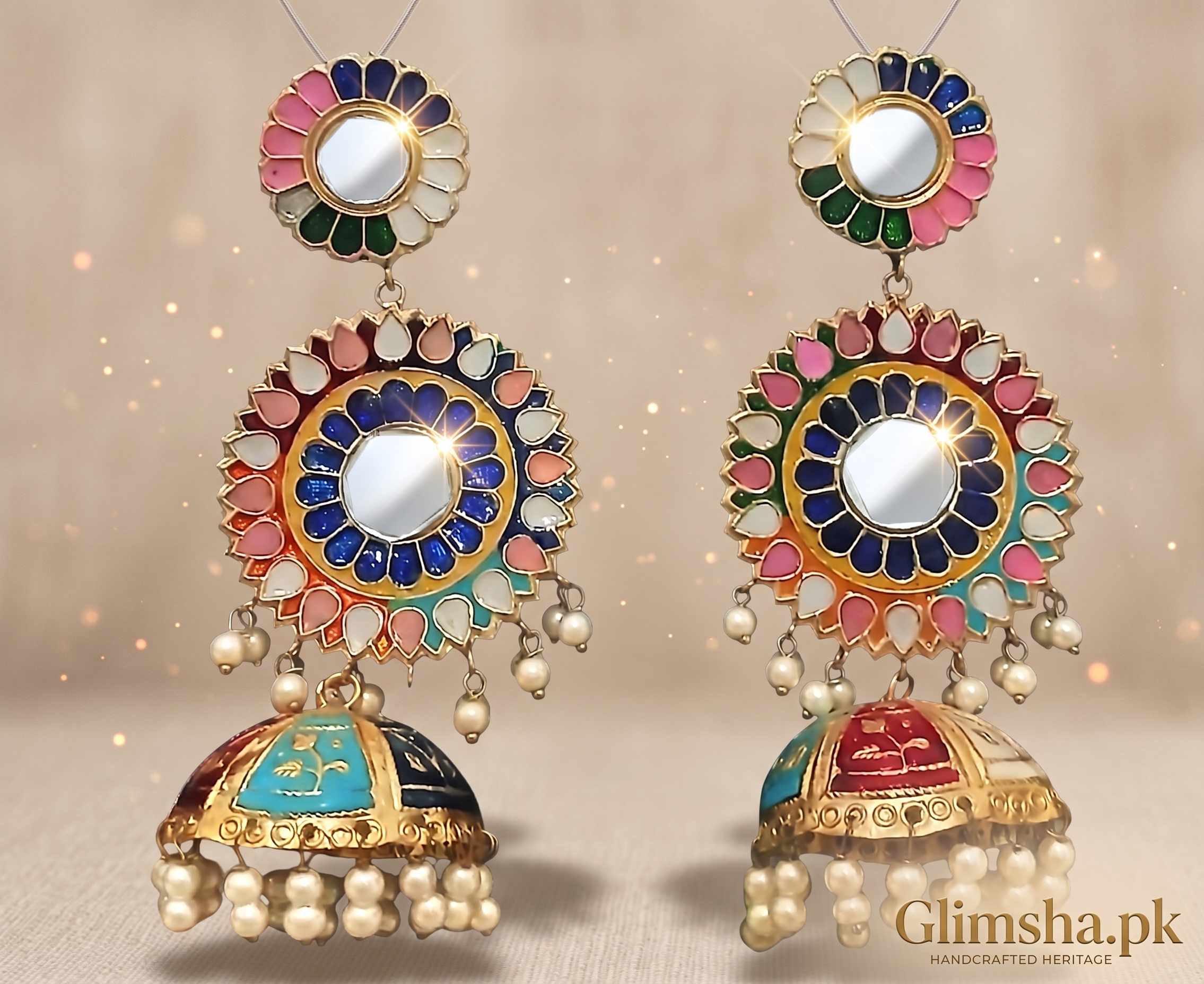 Colorful Mirror Jhumka Earrings for Women – Traditional Pearl Earrings | Glimsha.pk