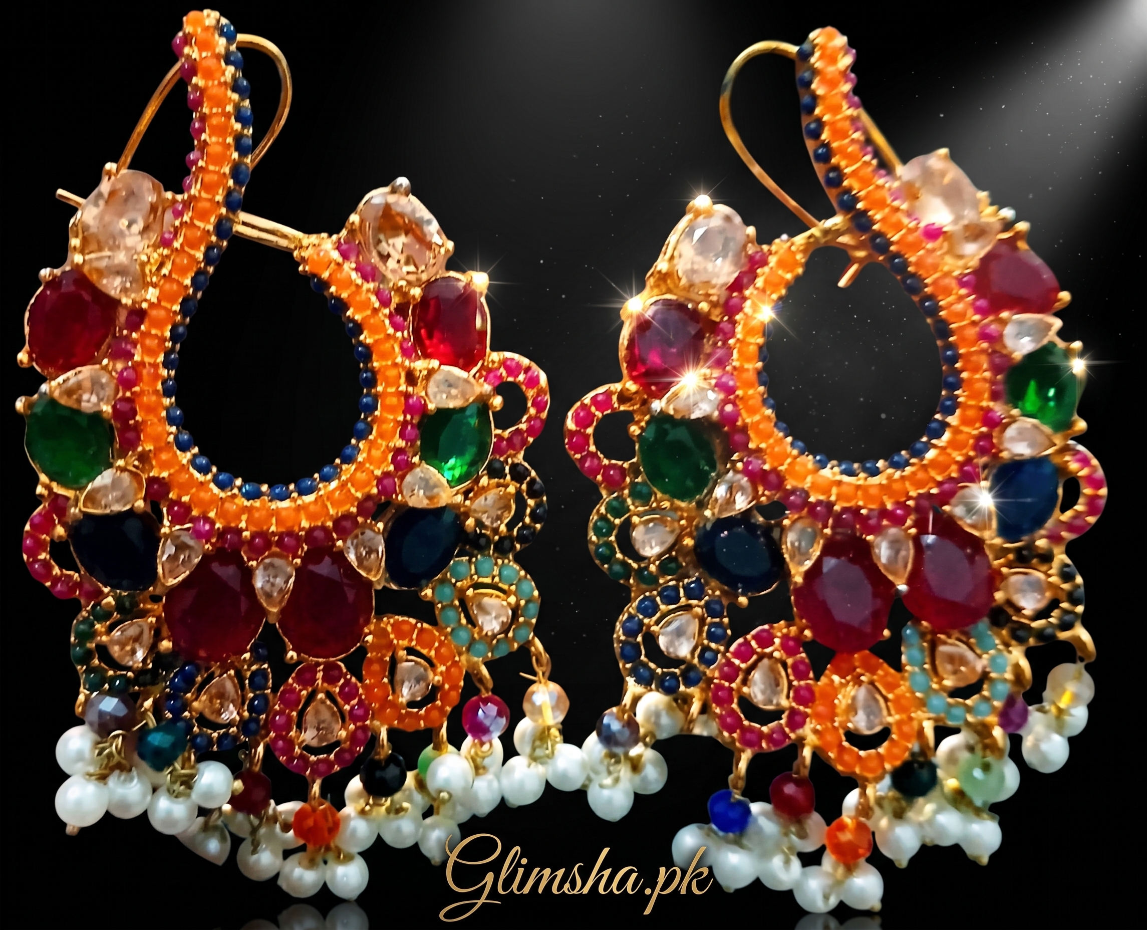 Multicolor Ethnic Hoop Chandelier Earrings with Pearls | Glimsha.pk