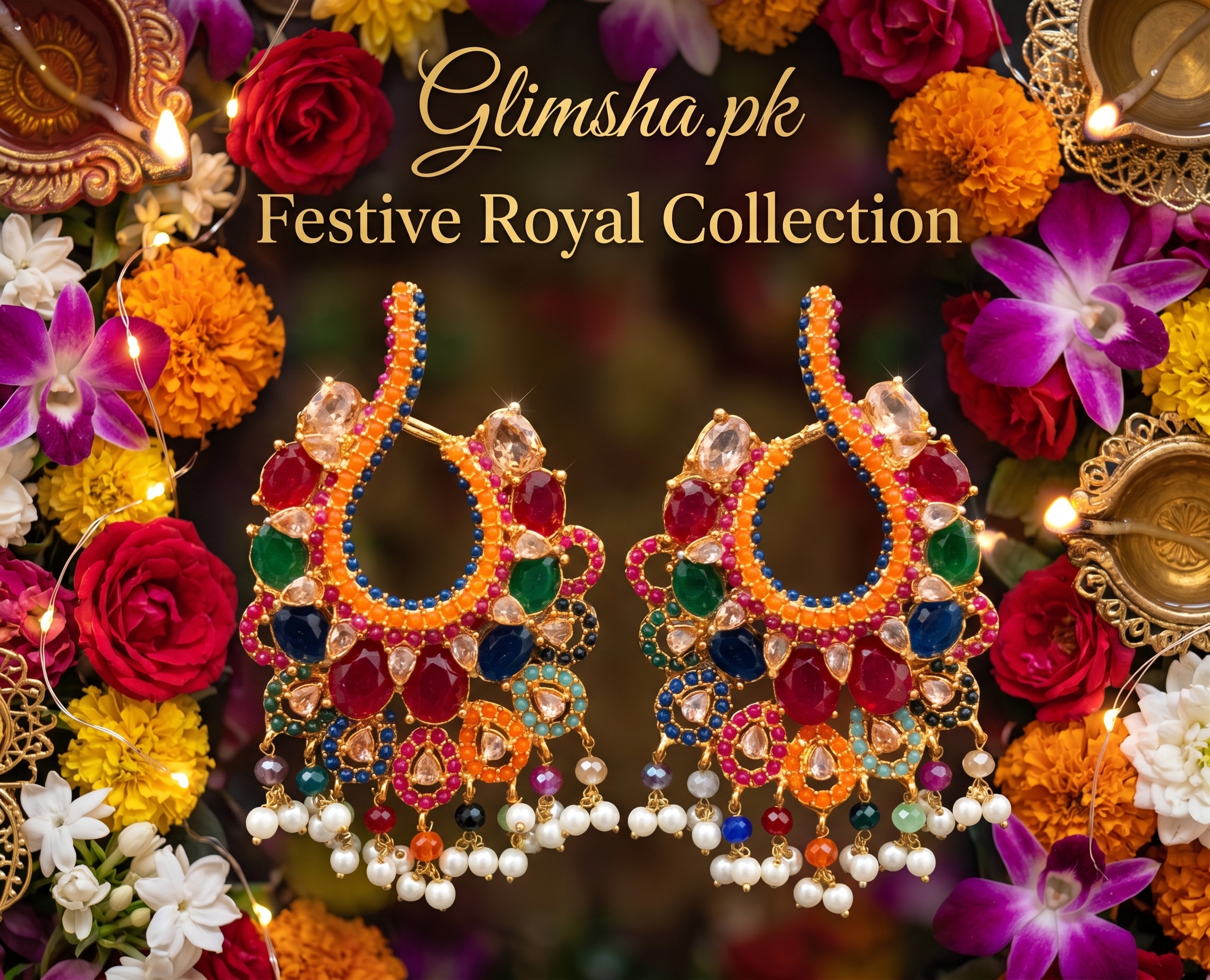 Multicolor Ethnic Hoop Chandelier Earrings with Pearls | Glimsha.pk