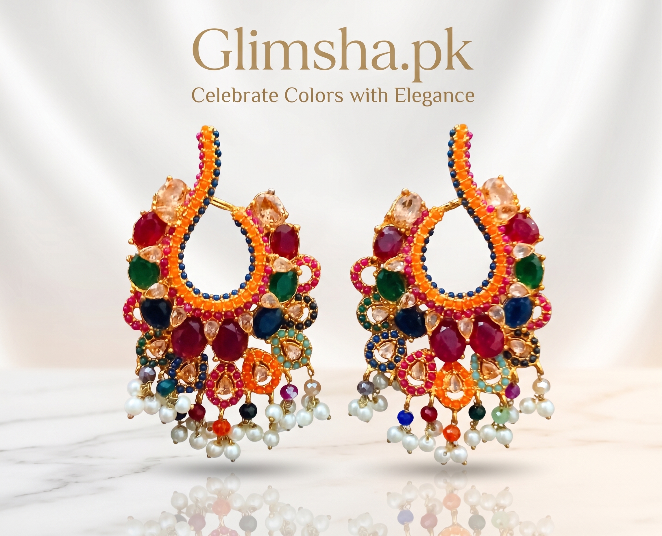 Multicolor Ethnic Hoop Chandelier Earrings with Pearls | Glimsha.pk