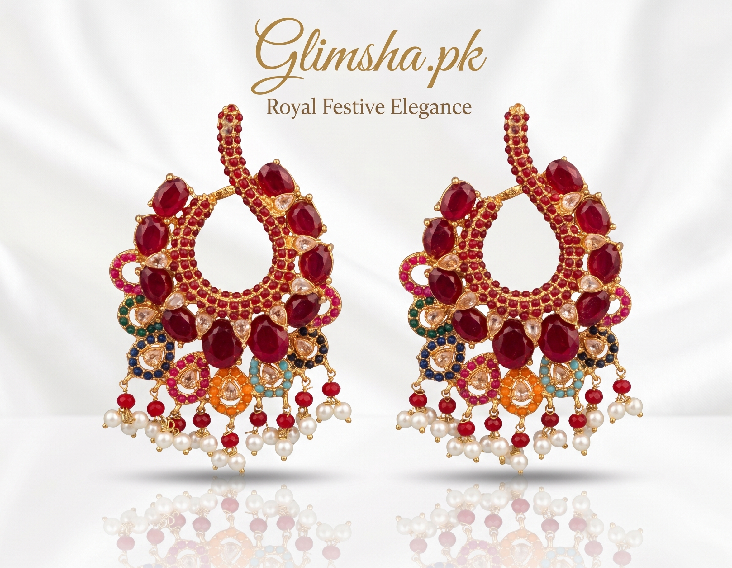 Royal Red Ethnic Hoop Chandelier Earrings with Pearls | Glimsha.pk