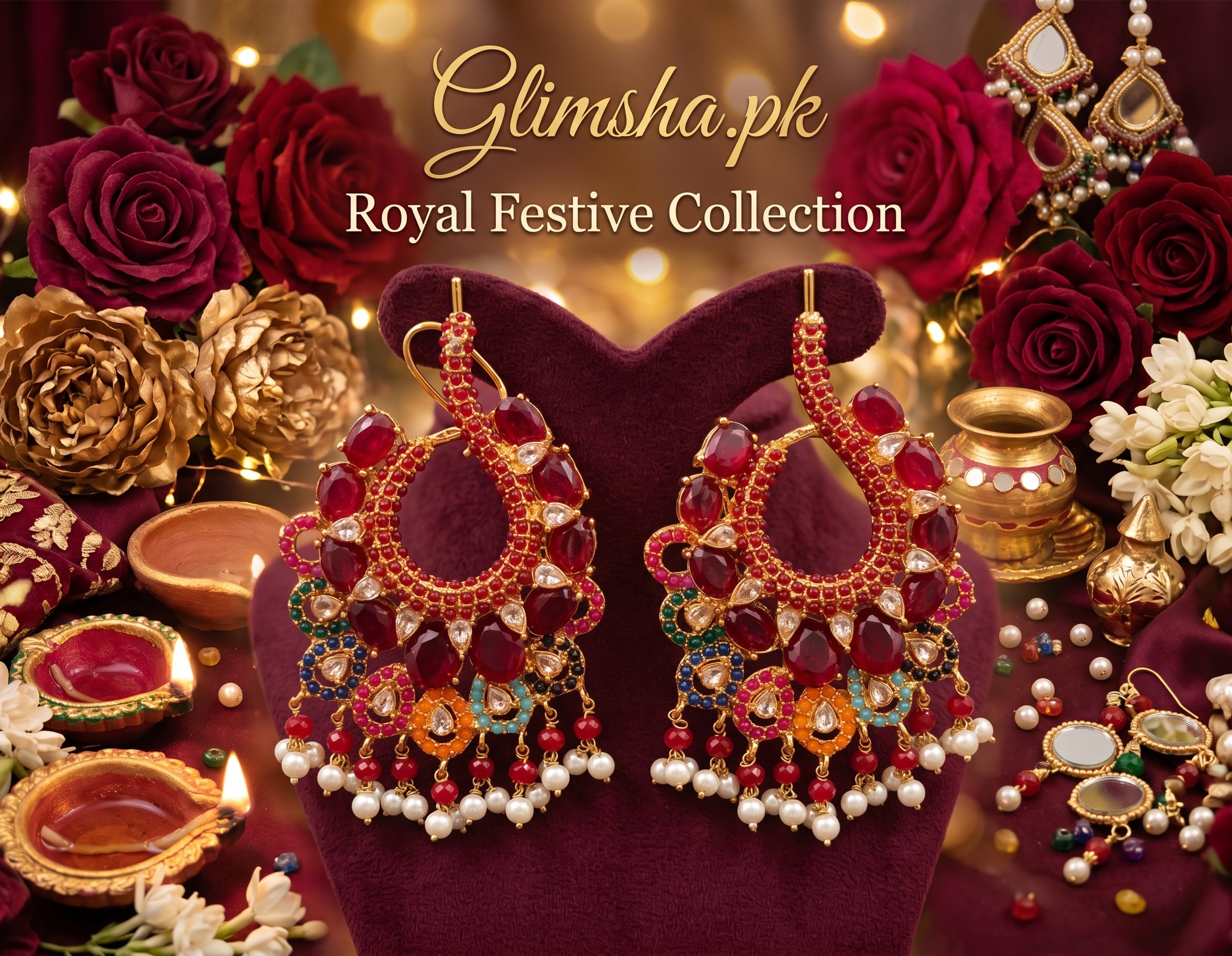 Royal Red Ethnic Hoop Chandelier Earrings with Pearls | Glimsha.pk