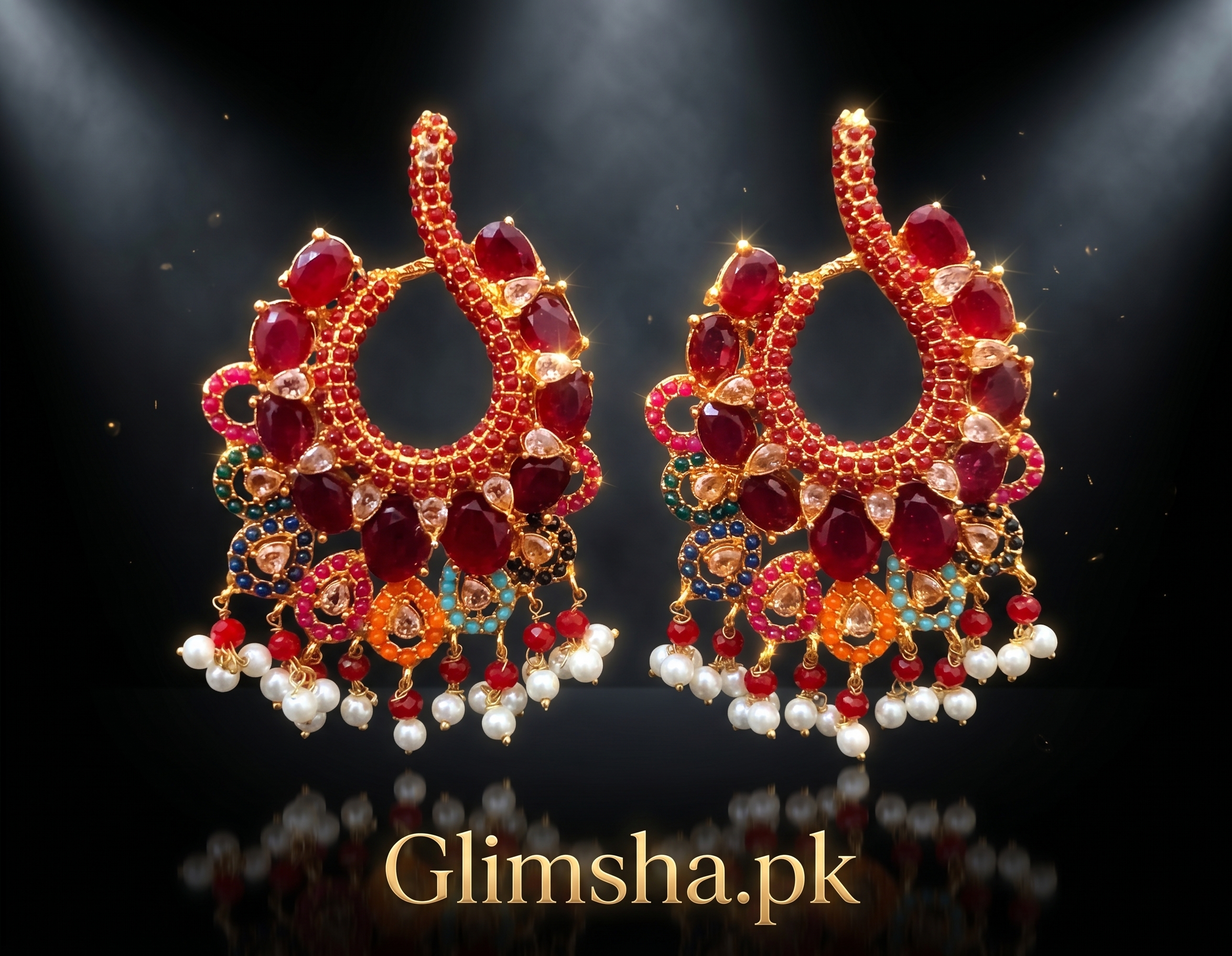 Royal Red Ethnic Hoop Chandelier Earrings with Pearls | Glimsha.pk