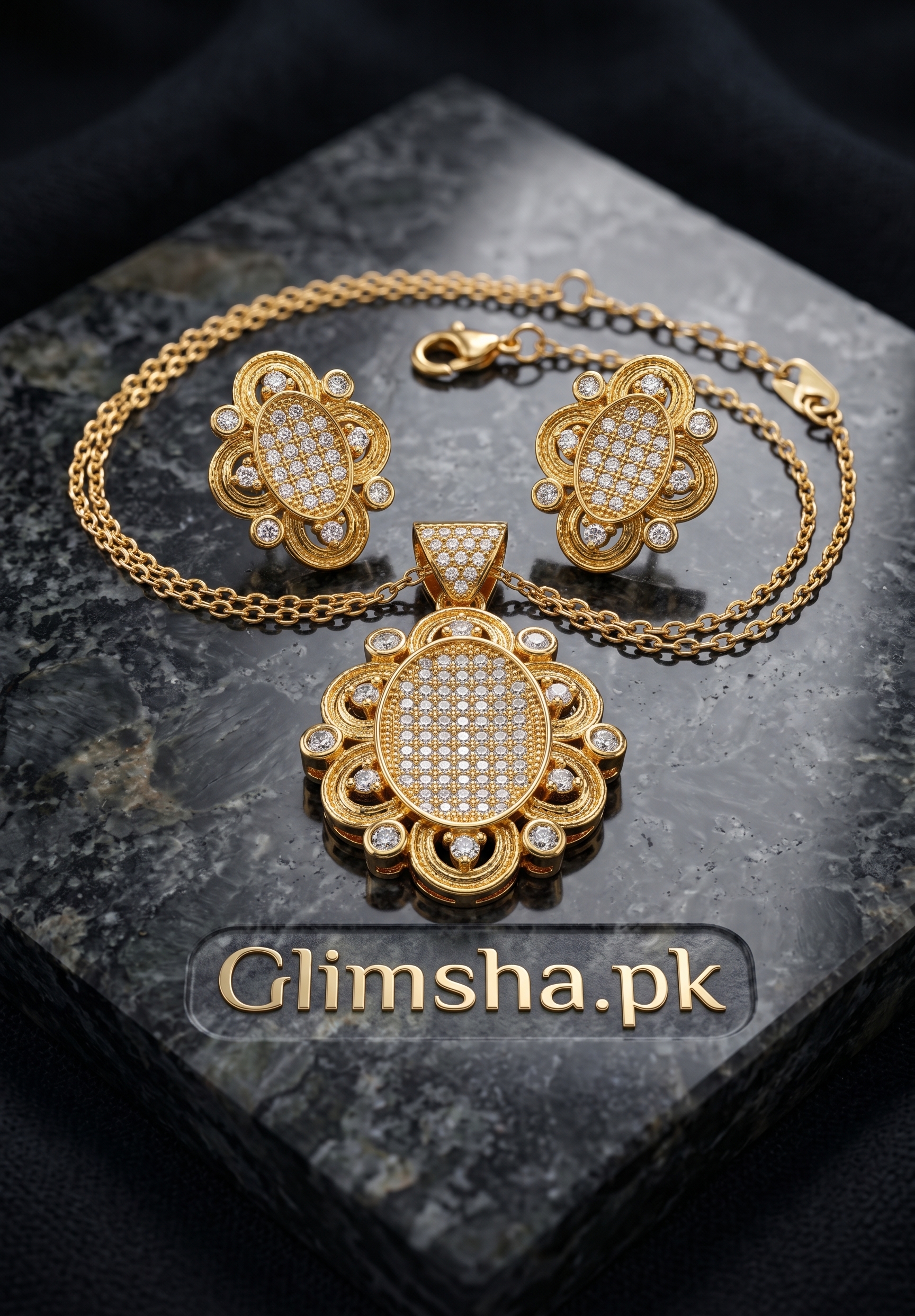 Elegant Gold Plated Pendant Set with Crystal Stones for Women – Necklace & Earrings Set | Glimsha.pk