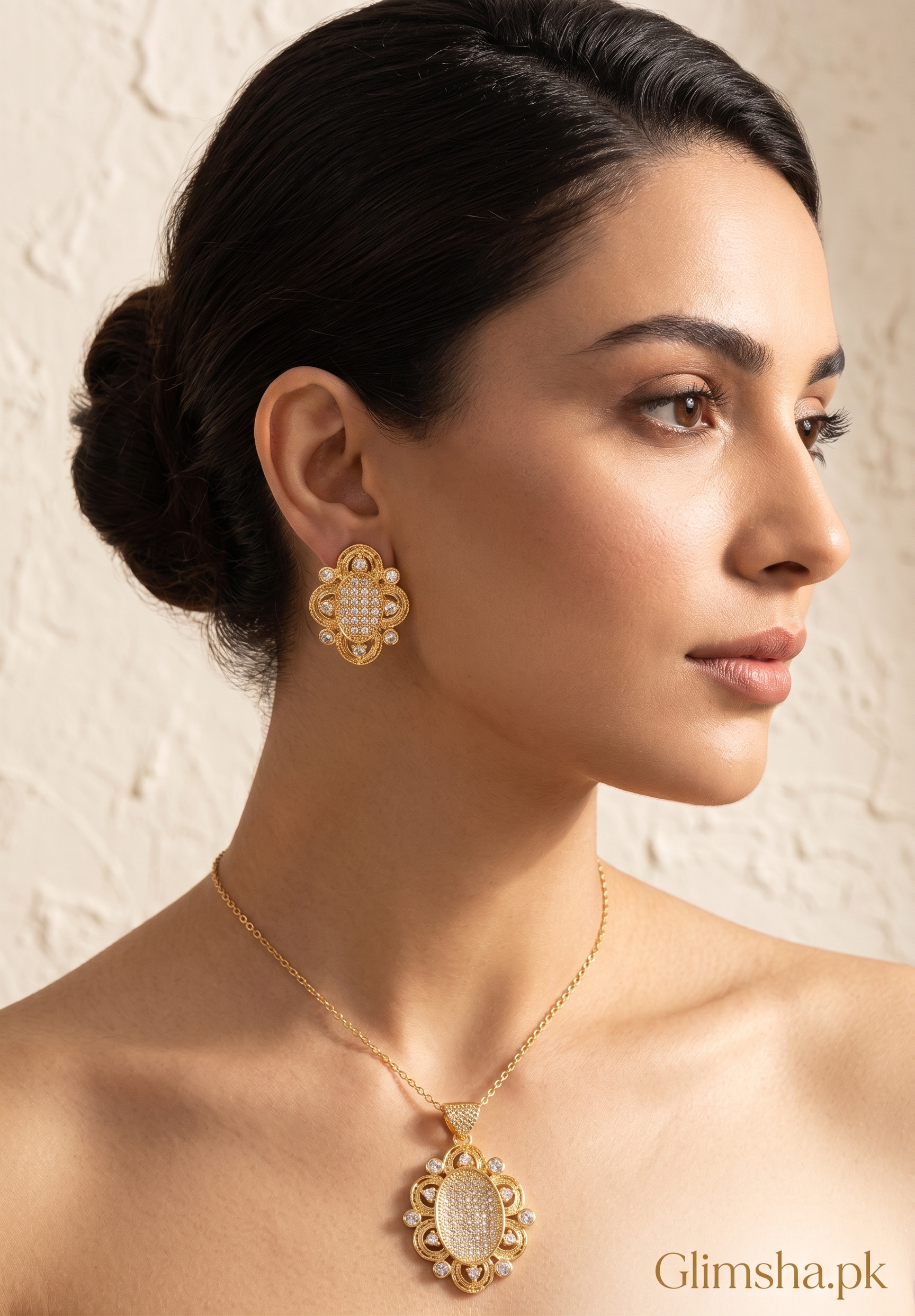 Elegant Gold Plated Pendant Set with Crystal Stones for Women – Necklace & Earrings Set | Glimsha.pk