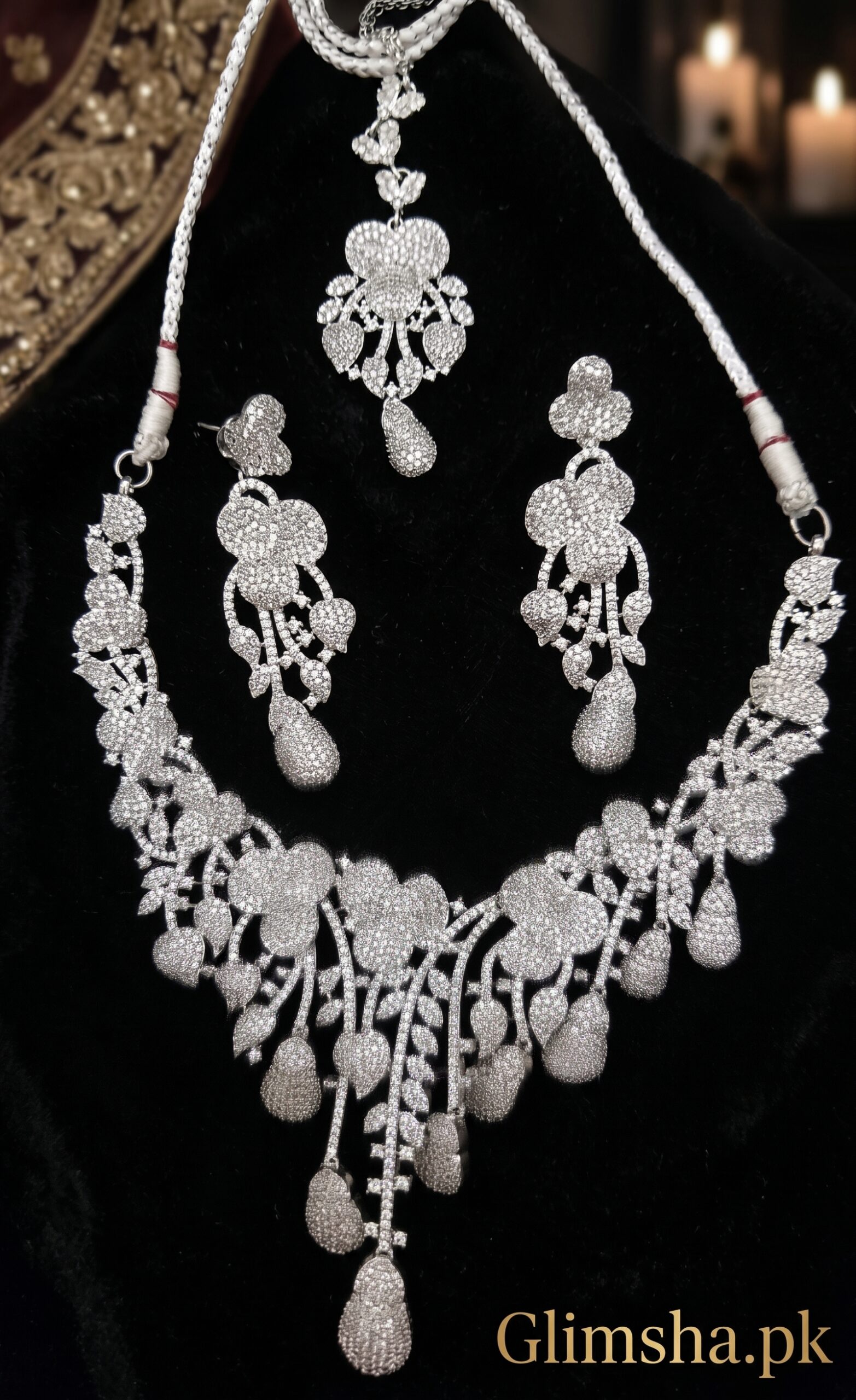 Luxury Silver Crystal Bridal Necklace Set for Women – Wedding Jewelry | Glimsha.pk