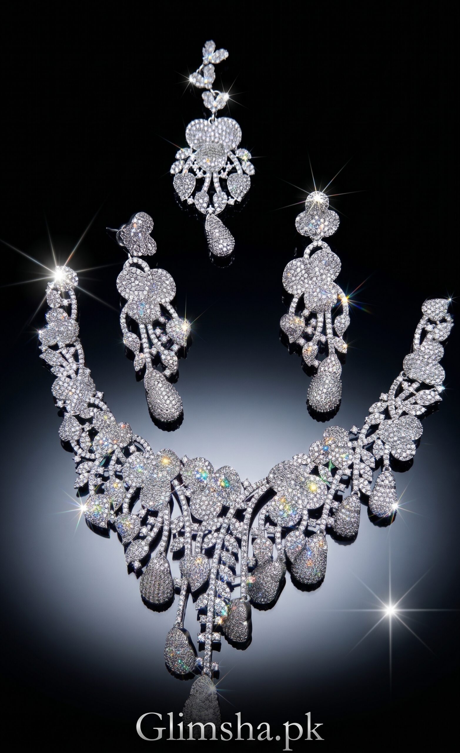 Luxury Silver Crystal Bridal Necklace Set for Women – Wedding Jewelry | Glimsha.pk
