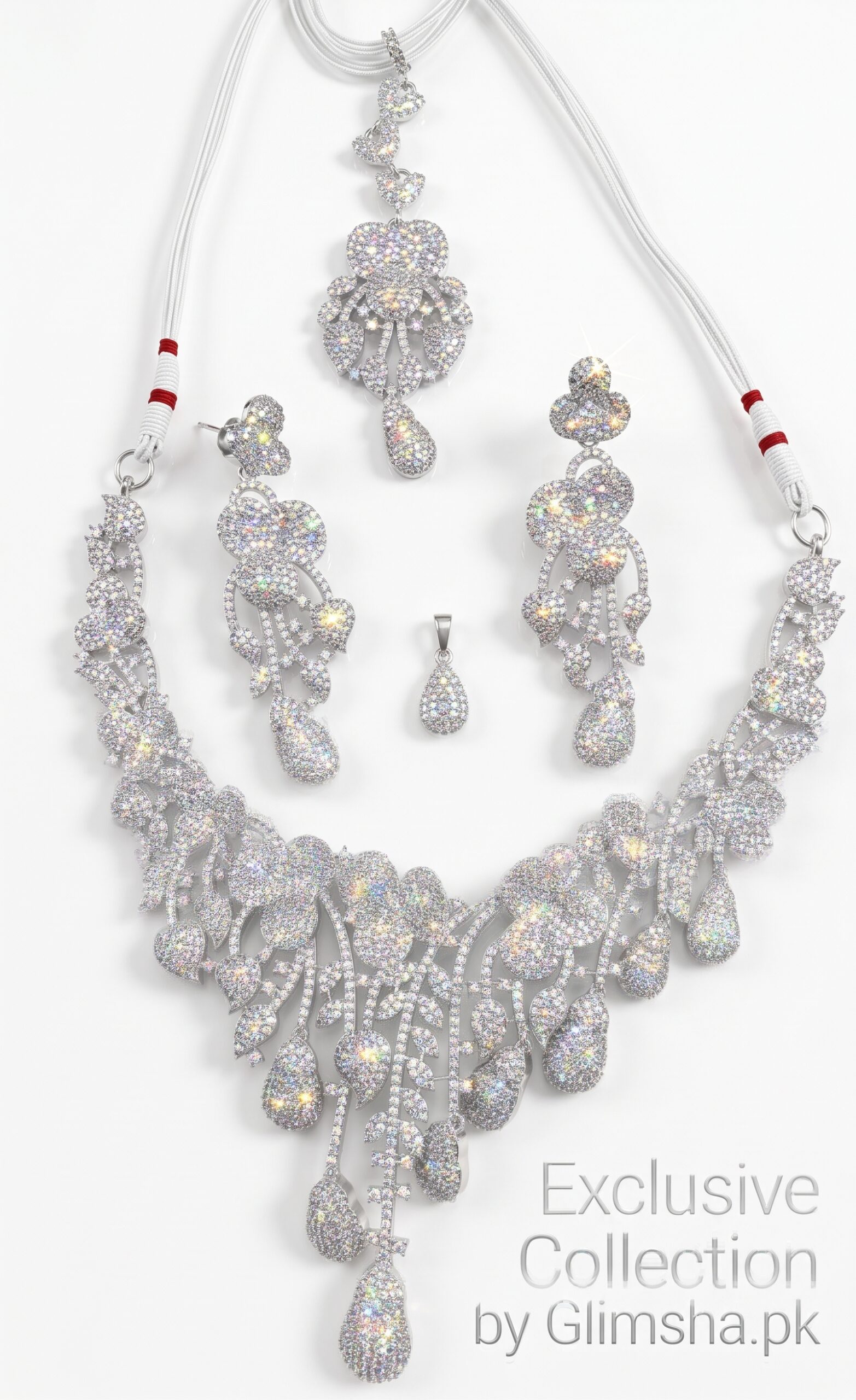 Luxury Silver Crystal Bridal Necklace Set for Women – Wedding Jewelry | Glimsha.pk