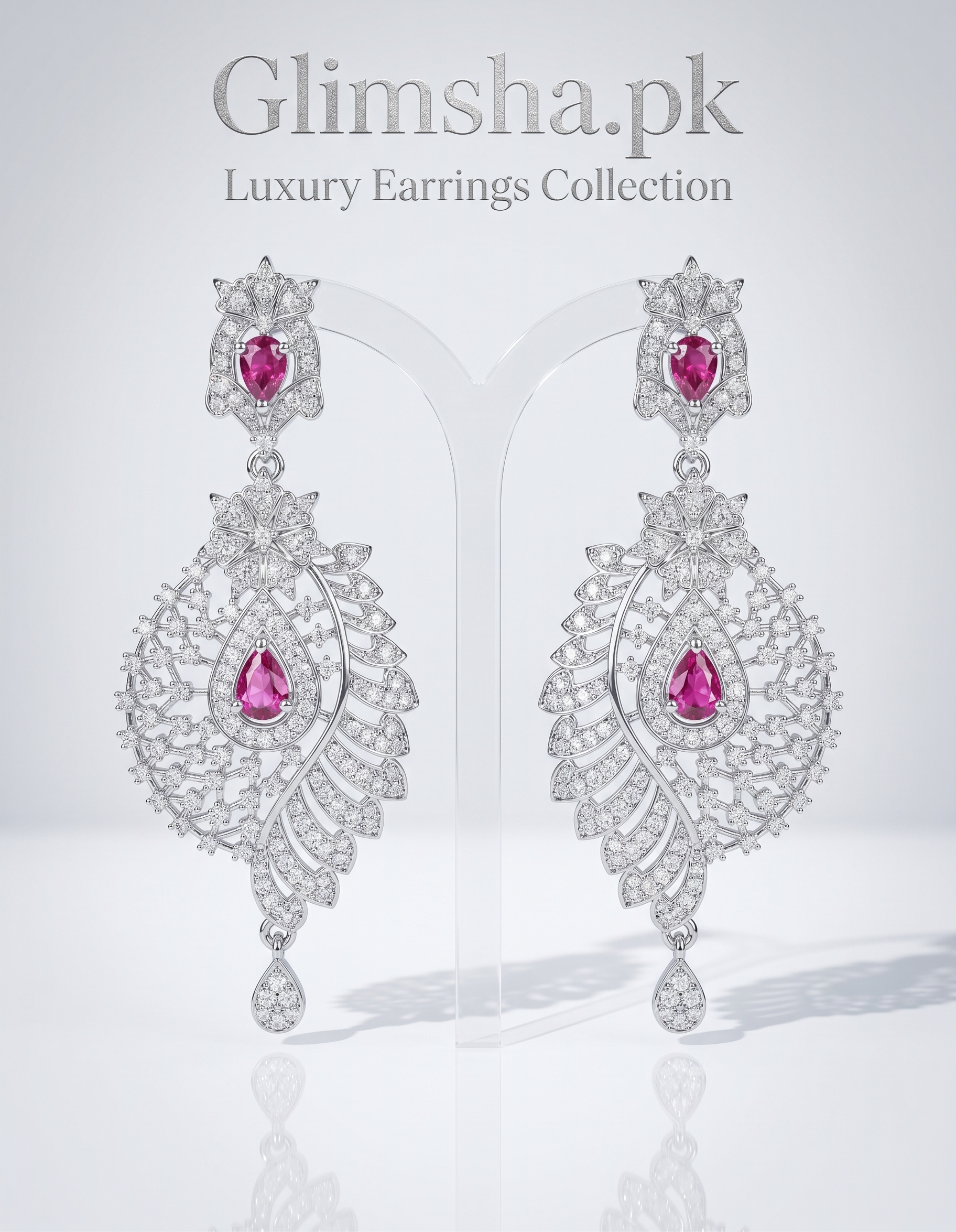 Luxury Silver Leaf Chandelier Earrings with Pink Gemstones | Glimsha.pk