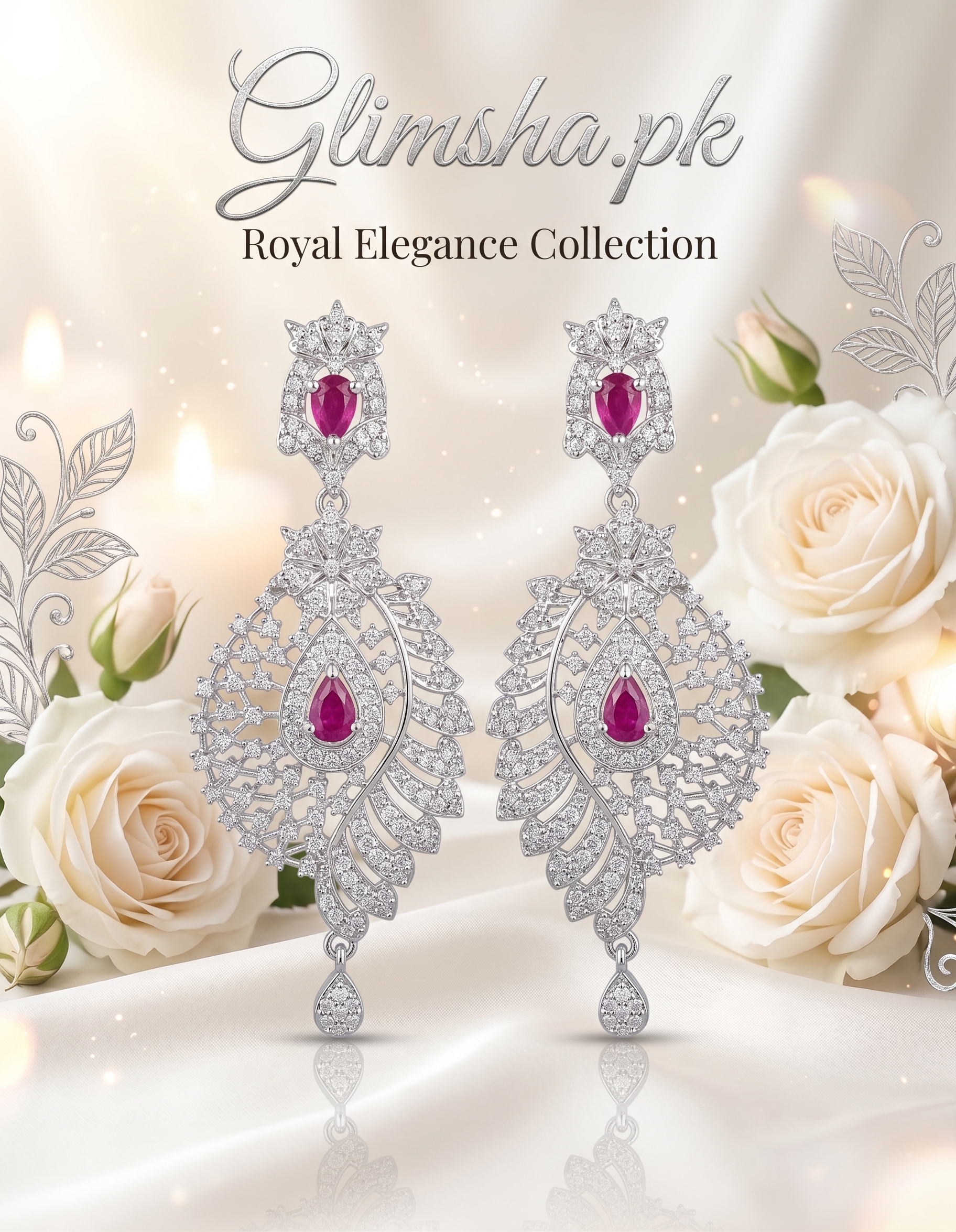 Luxury Silver Leaf Chandelier Earrings with Pink Gemstones | Glimsha.pk