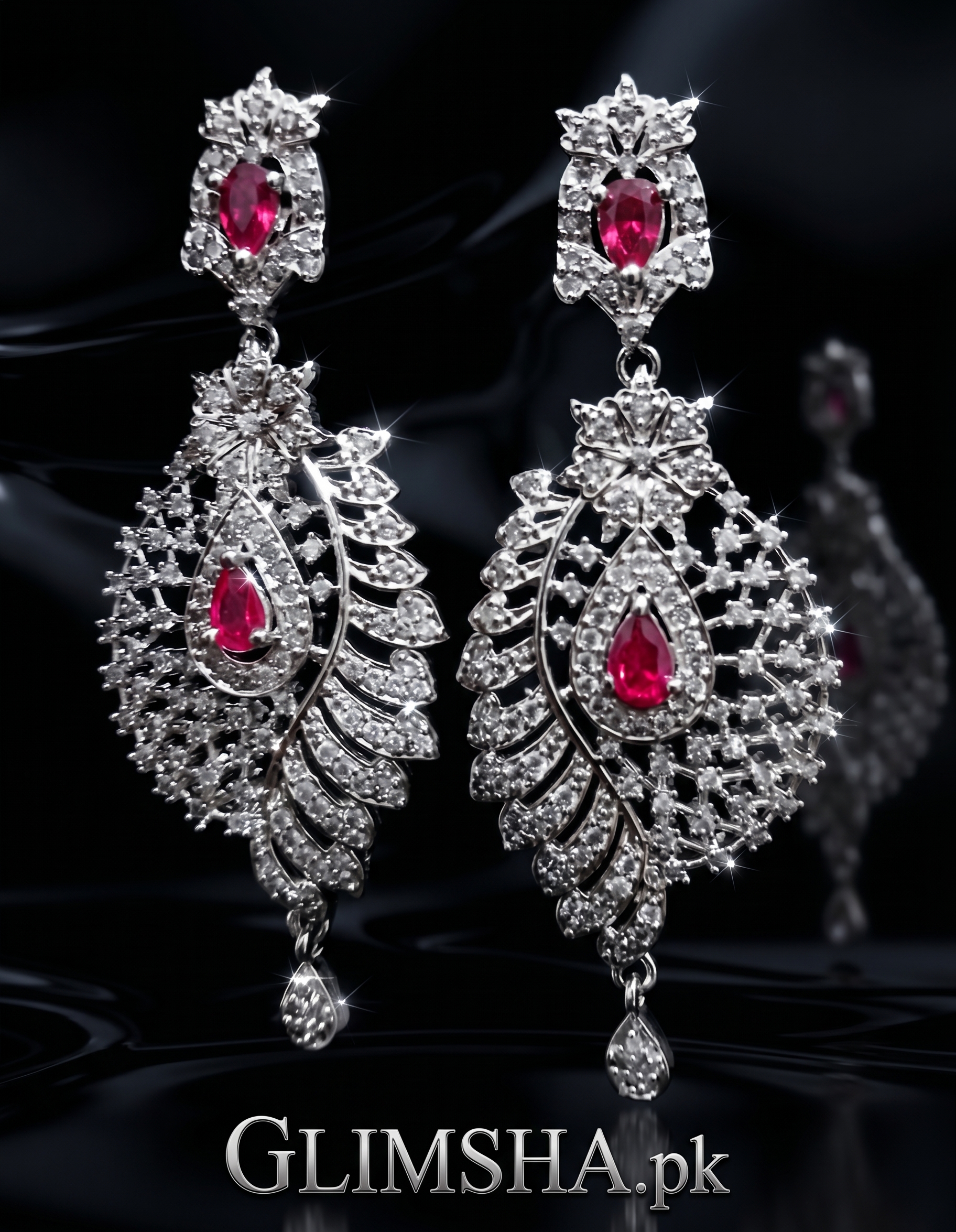 Luxury Silver Leaf Chandelier Earrings with Pink Gemstones | Glimsha.pk