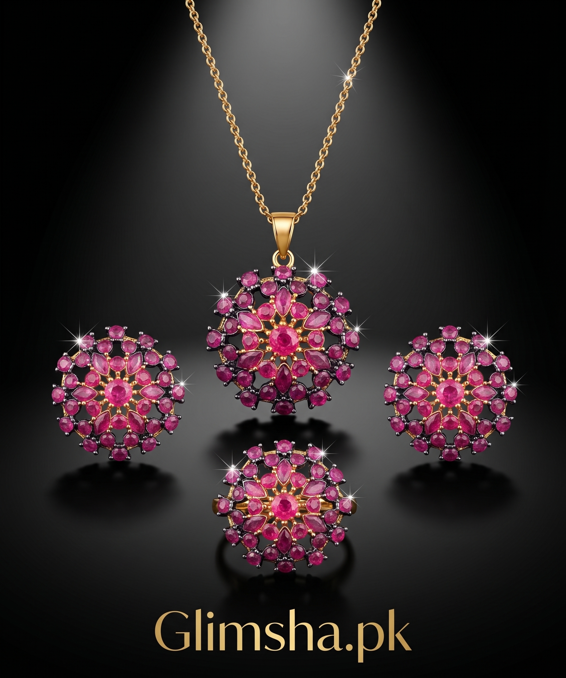 Elegant Pink Ruby Jewelry Set for Women | Necklace, Earrings & Ring | Glimsha.pk
