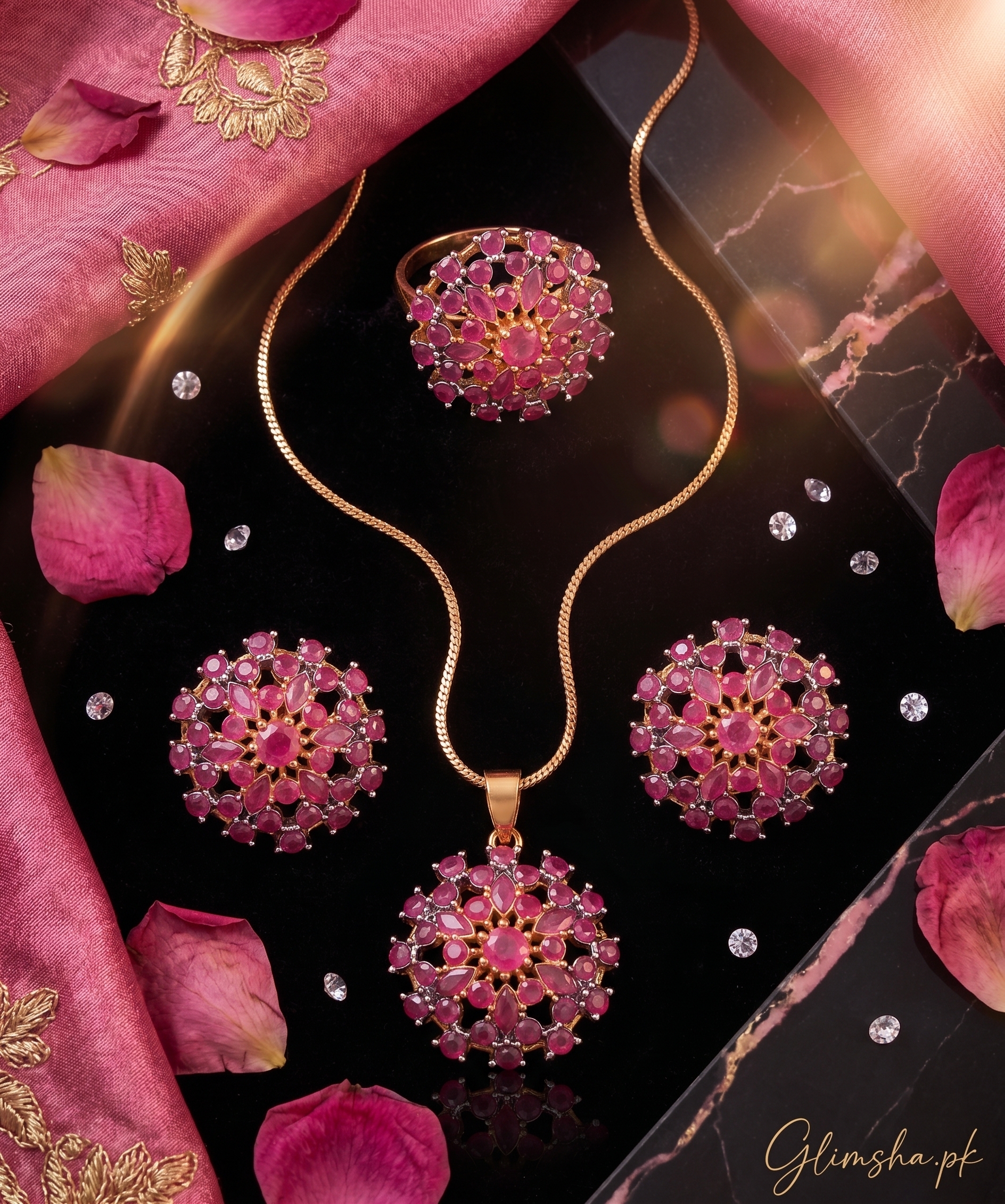 Elegant Pink Ruby Jewelry Set for Women | Necklace, Earrings & Ring | Glimsha.pk