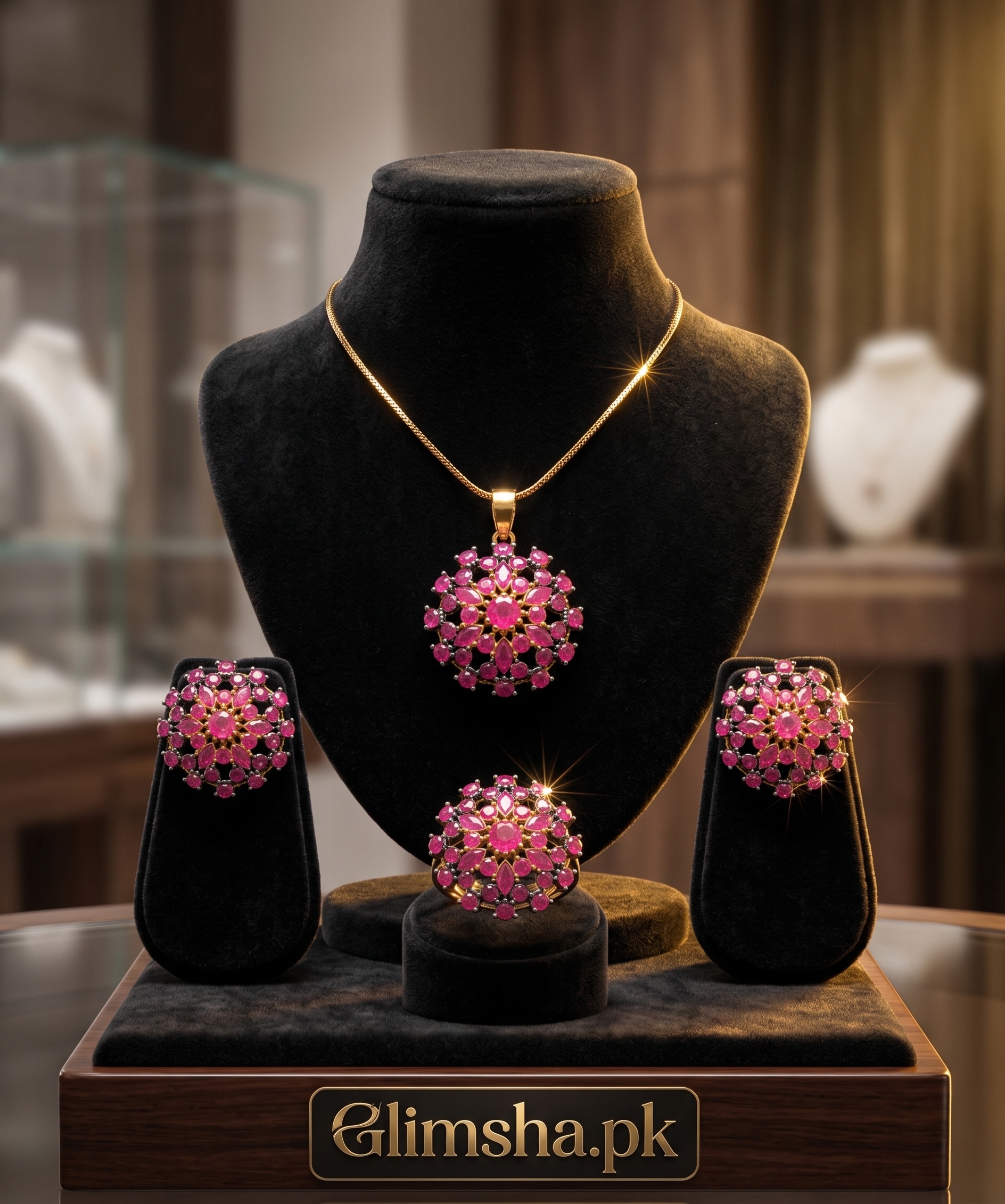 Elegant Pink Ruby Jewelry Set for Women | Necklace, Earrings & Ring | Glimsha.pk