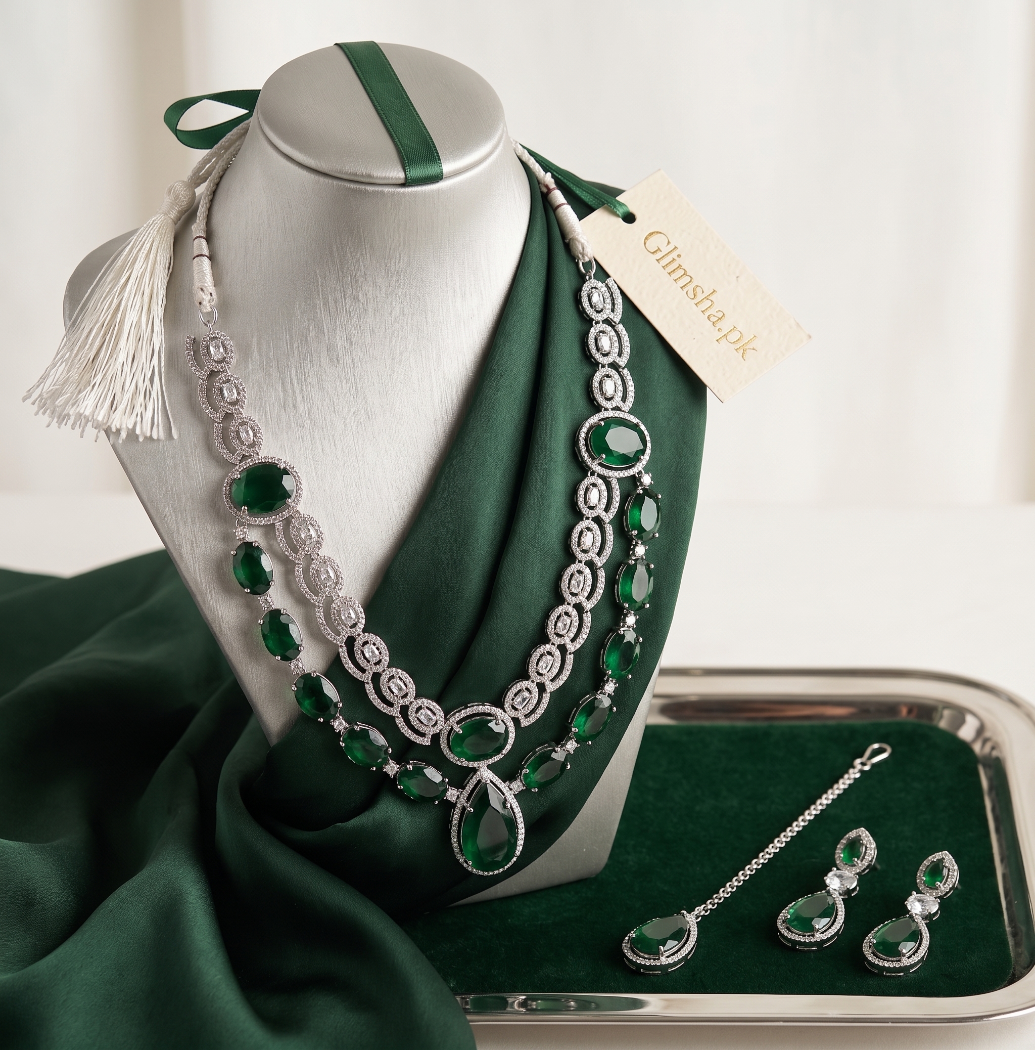 Stunning Emerald Green & Silver Layered American Diamond Necklace Set with Maang Tikka