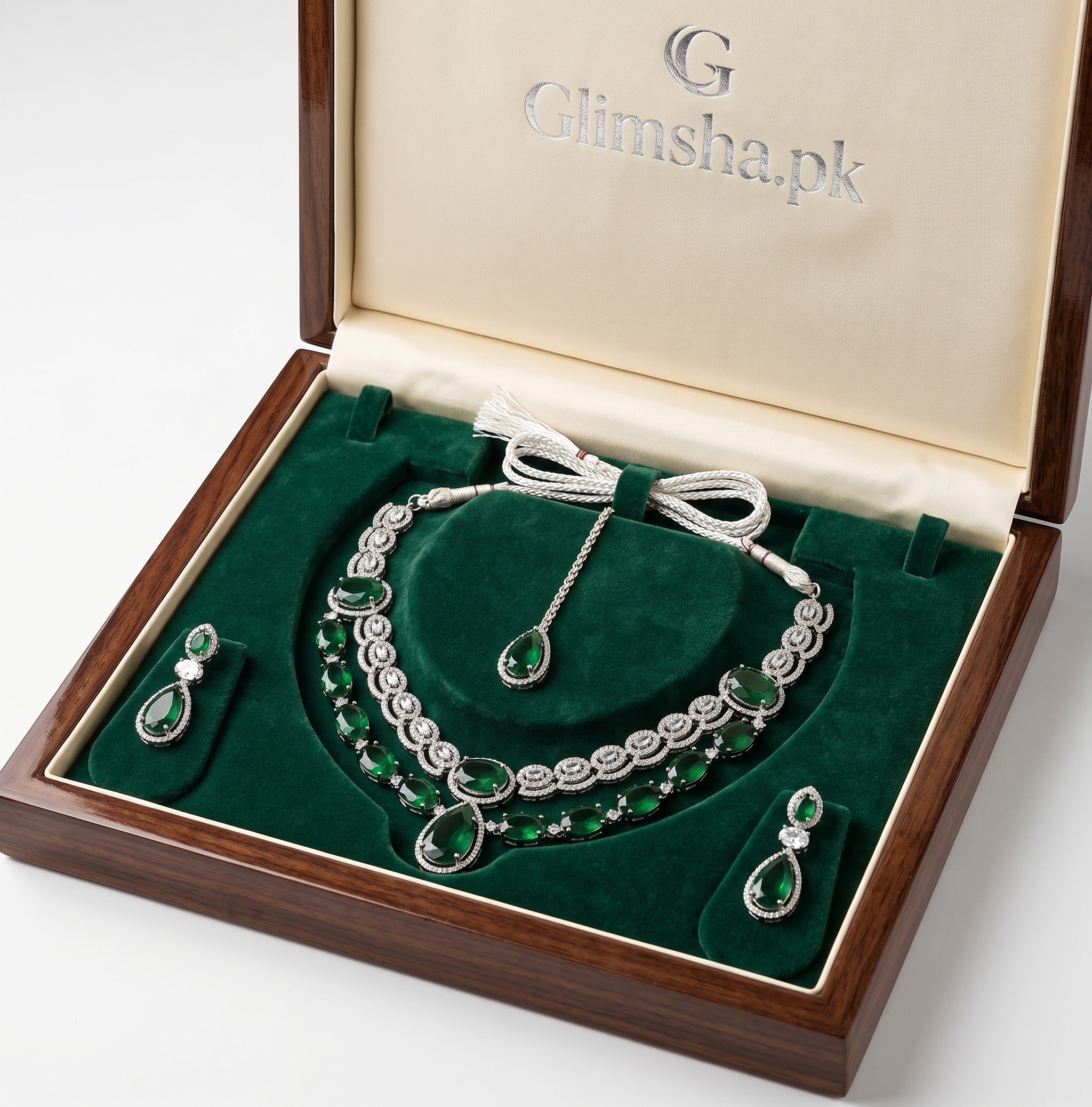 Stunning Emerald Green & Silver Layered American Diamond Necklace Set with Maang Tikka