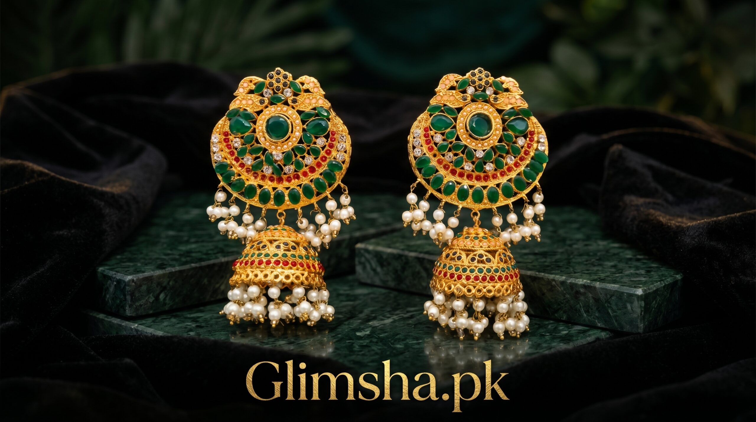 Green Gold Bridal Jhumka Earrings for Women – Traditional Pakistani Jewelry | Glimsha.pk