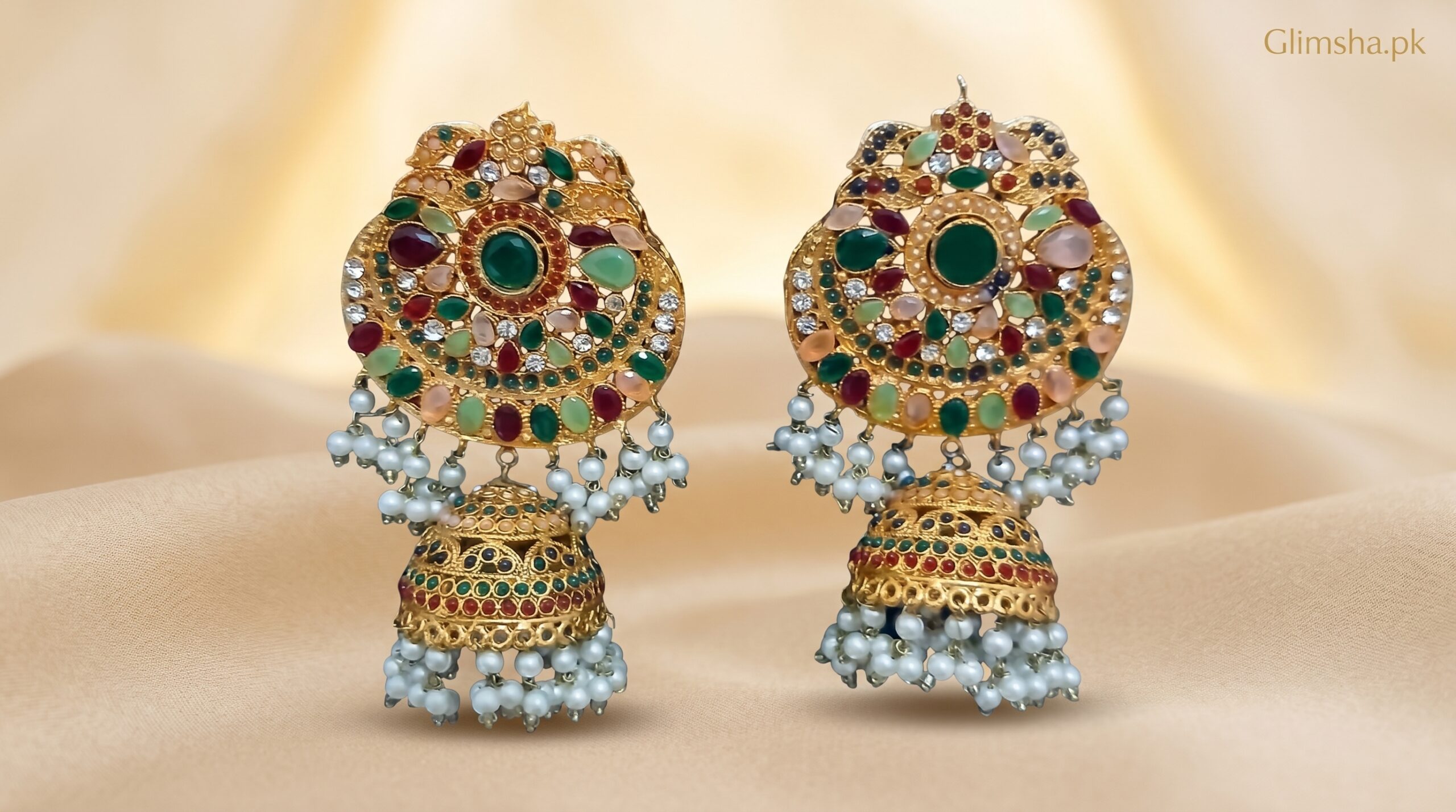 Green Gold Bridal Jhumka Earrings for Women – Traditional Pakistani Jewelry | Glimsha.pk