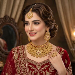 Luxury Bridal Jewelry Set for Women – Gold Plated Wedding Necklace Set with Earrings, Ring Jhumka | Glimsha.pk